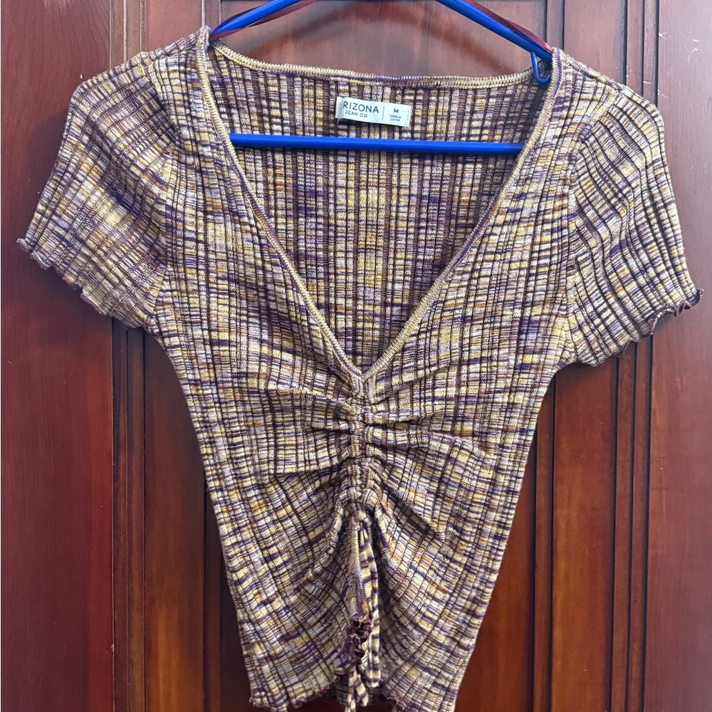 Arizona Jean Company Women's Short Sleeve Cinched Crop Top Purple/maroon &Yellow